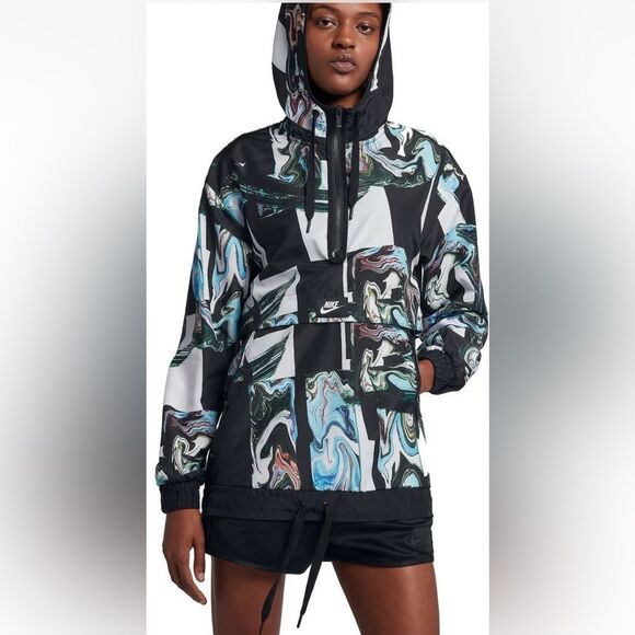 Nike Women's Black/Multi Marble-Print Half-Zip Hooded Jacket Sz M - Picture 1 of 13